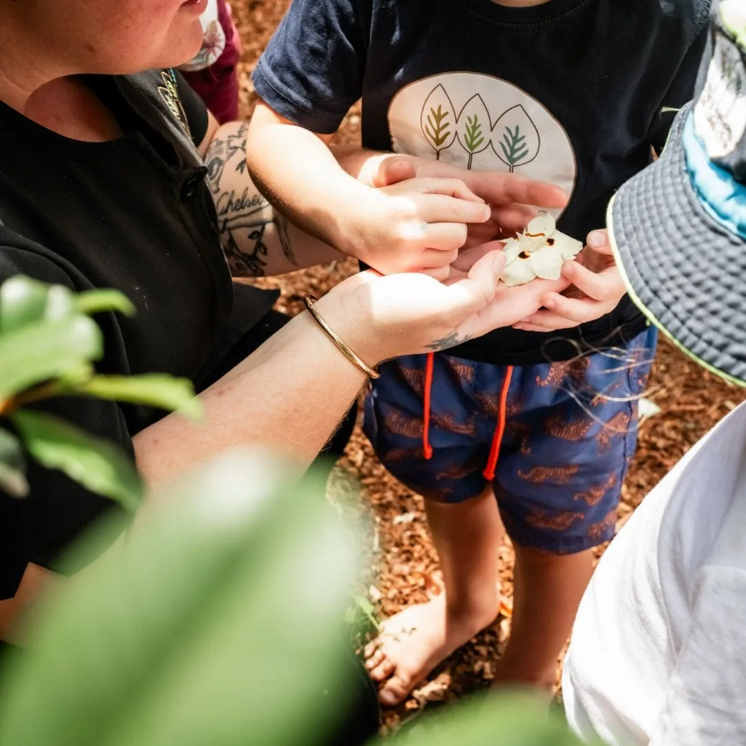Children gently holding a baby chick with an educator's help